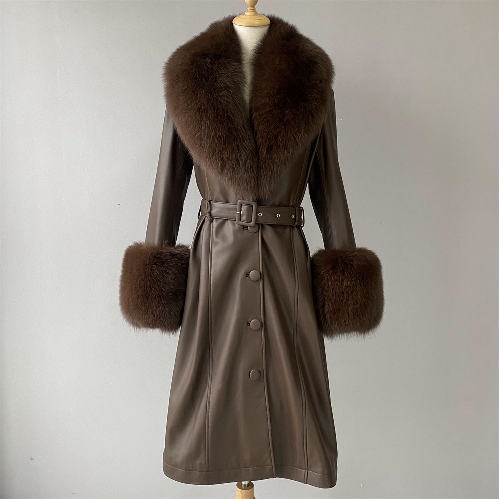 Gia Leather Trench Long Fox Fur Collar & Cuff