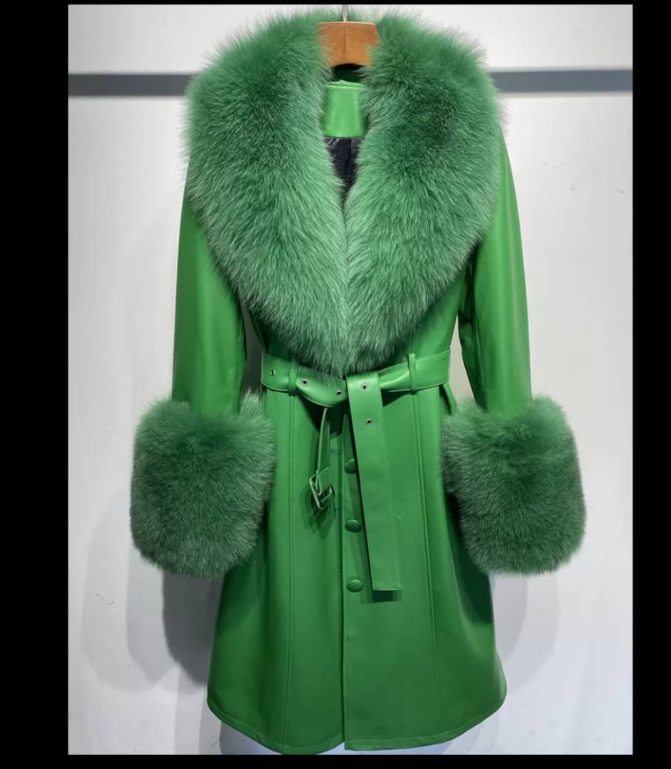 Gia Leather Trench Long Fox Fur Collar & Cuff