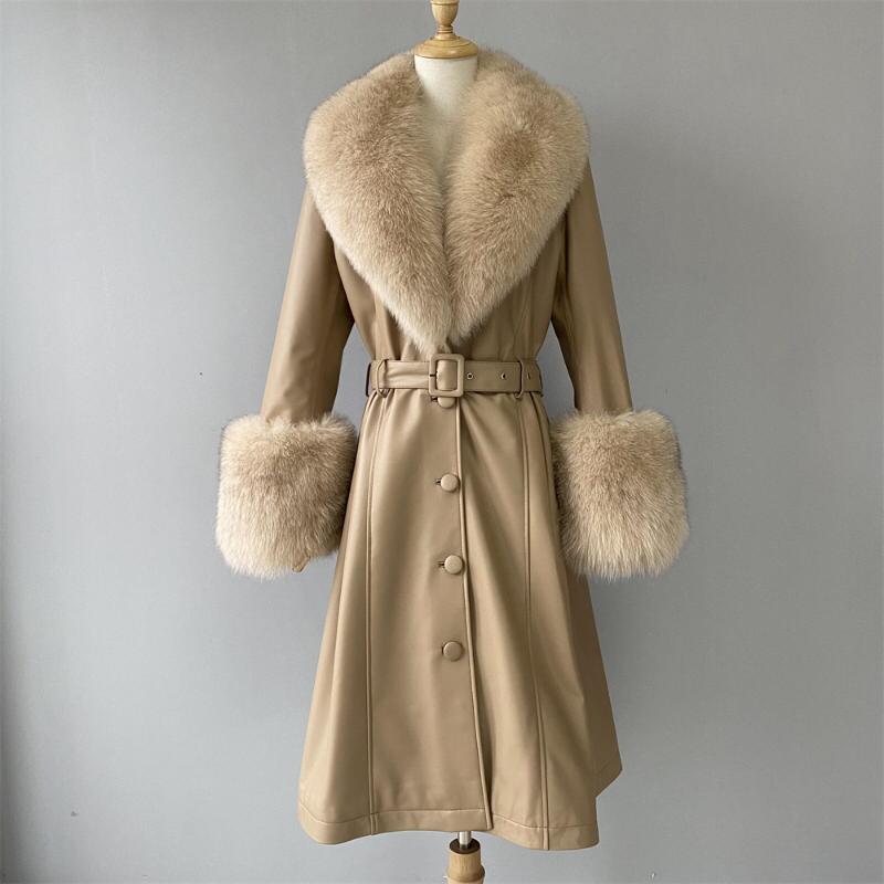 Gia Leather Trench Long Fox Fur Collar & Cuff