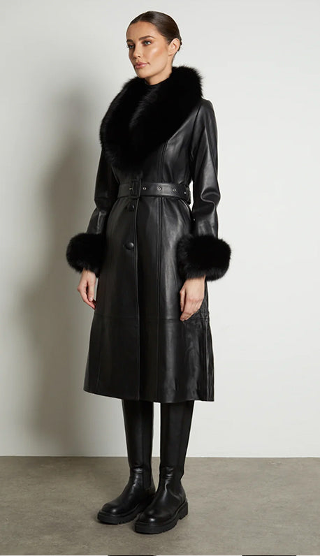 Gia Leather Trench Long Fox Fur Collar & Cuff
