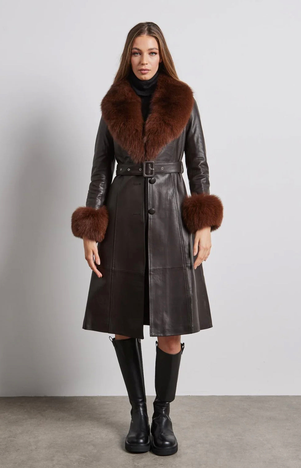 Gia Leather Trench Long Fox Fur Collar & Cuff