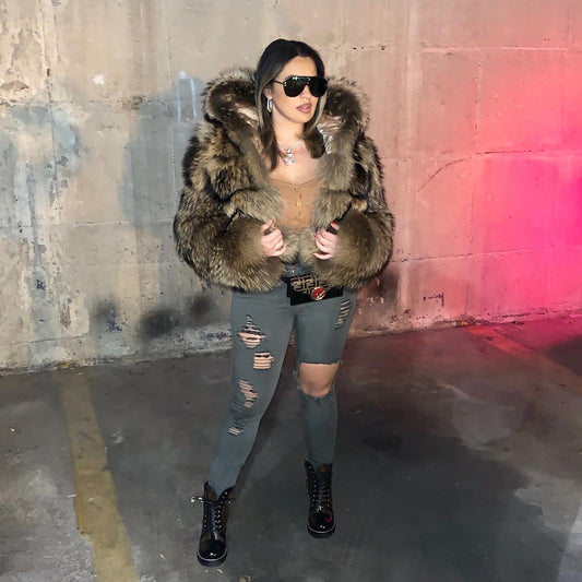 LUXE Raccoon Bomber Oversized Hood