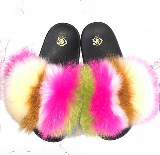 Color Block Vibrant Fox Fur Slides