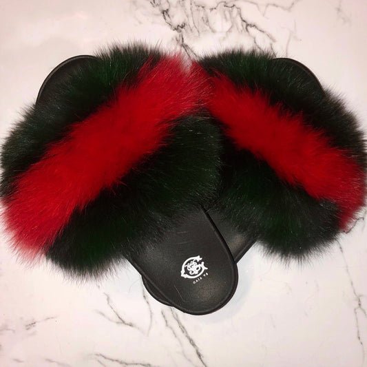 GG Hunter Green Fox Fur Slides
