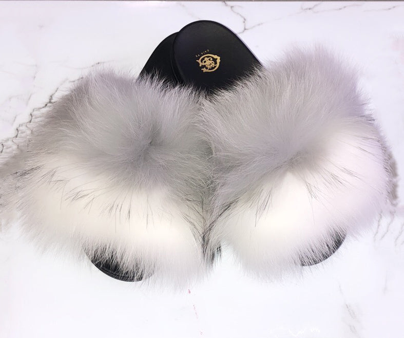Grey Split Fox Fur Slides