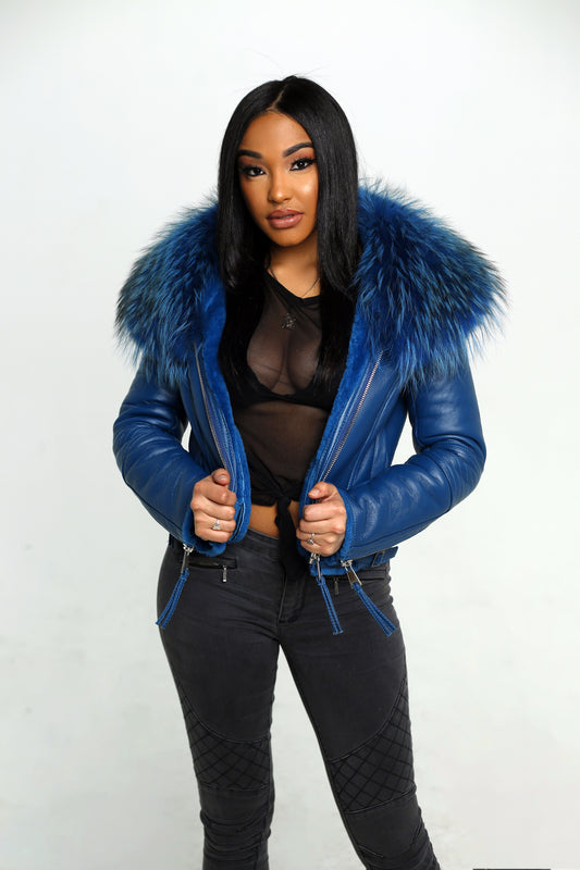 Shearling Leather Oversized Fox Fur Collar Jacket