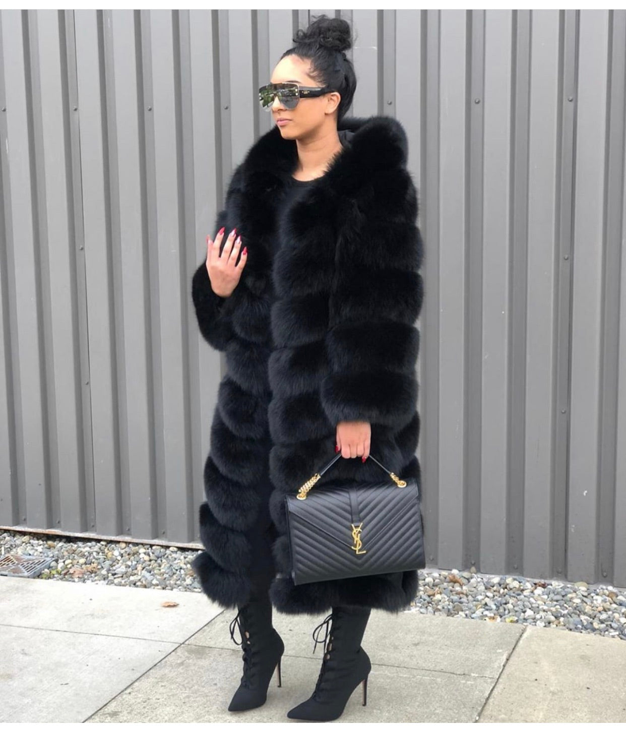 LUXE Long Fox Fur Hooded Coat