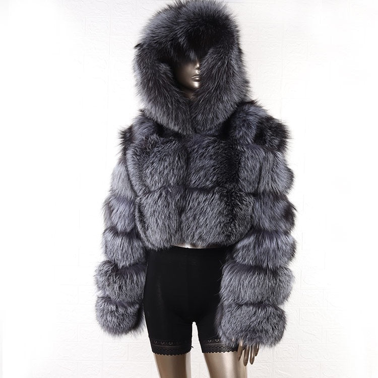 Cropped fur coat with on sale hood