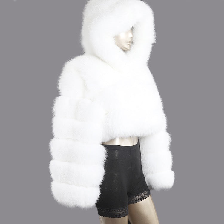 Crop Fox Fur Hood Bomber