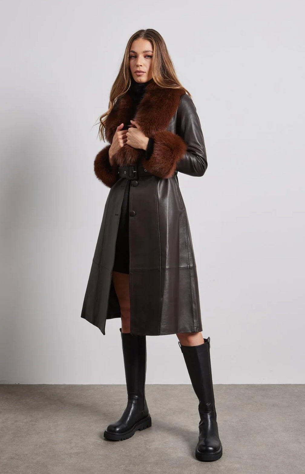 Gia Leather Trench Long Fox Fur Collar & Cuff