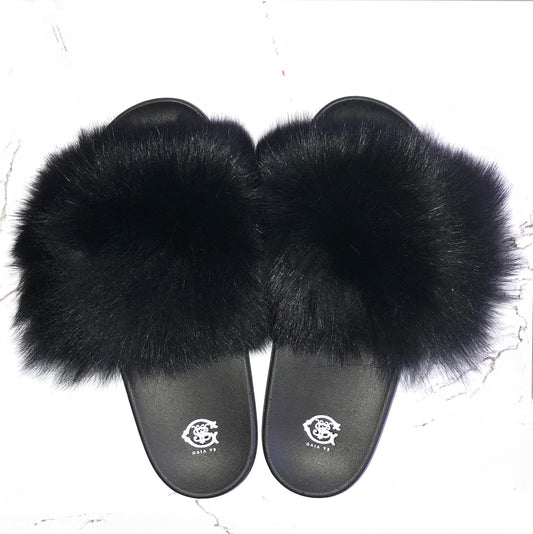 Black Fox Fur Slides