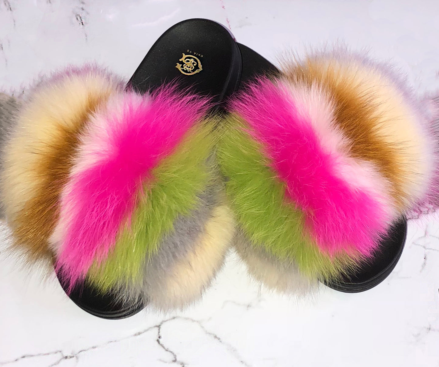 Color Block Vibrant Fox Fur Slides