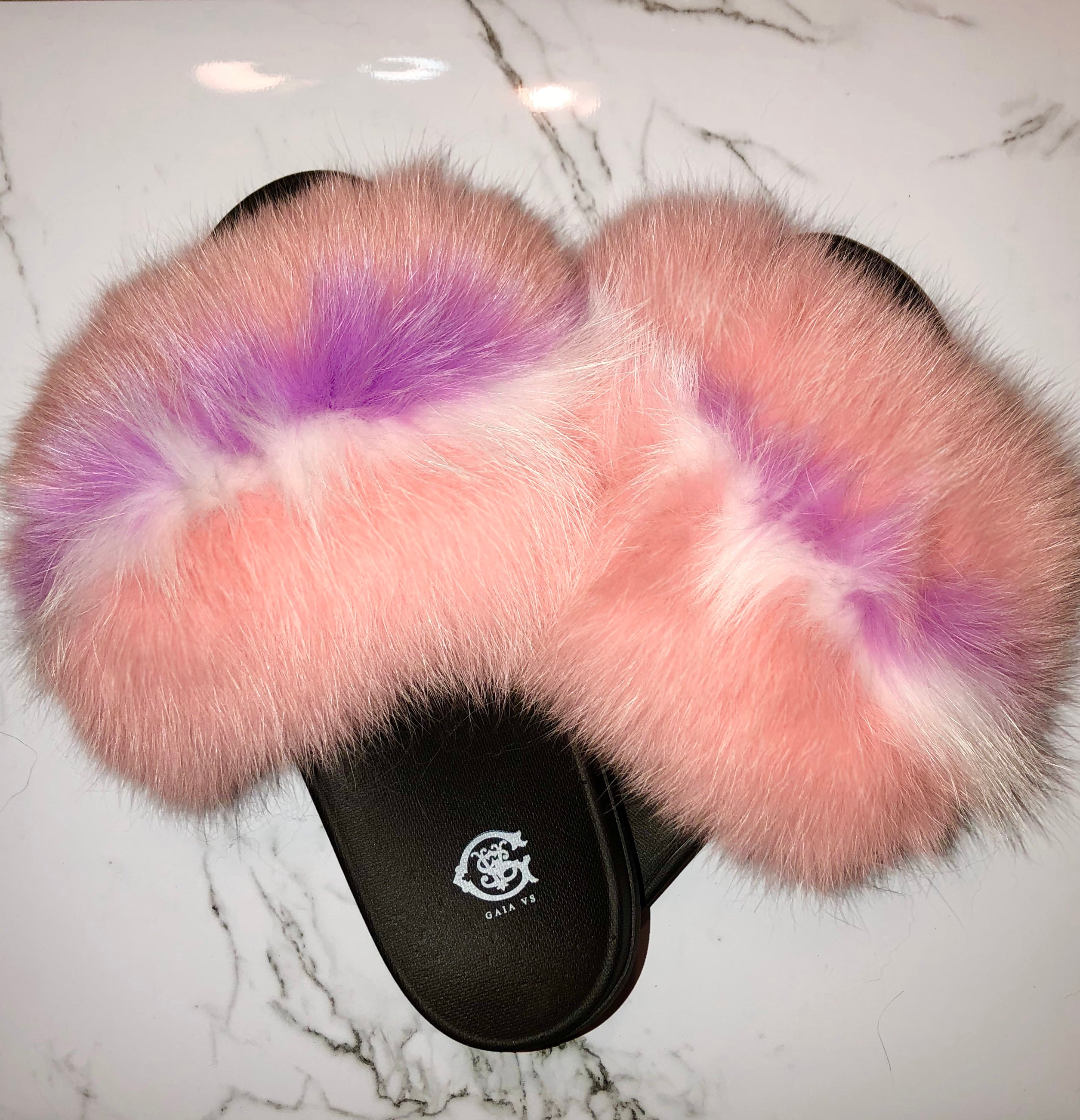 Pink fox fur slides hot sale