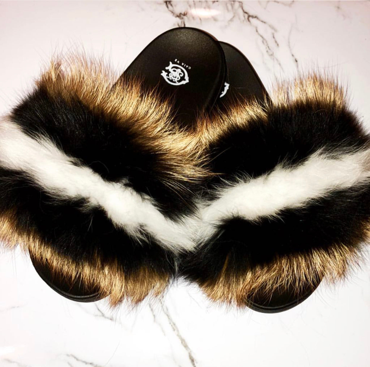 Red Fox Stripe Fox Fur Slides