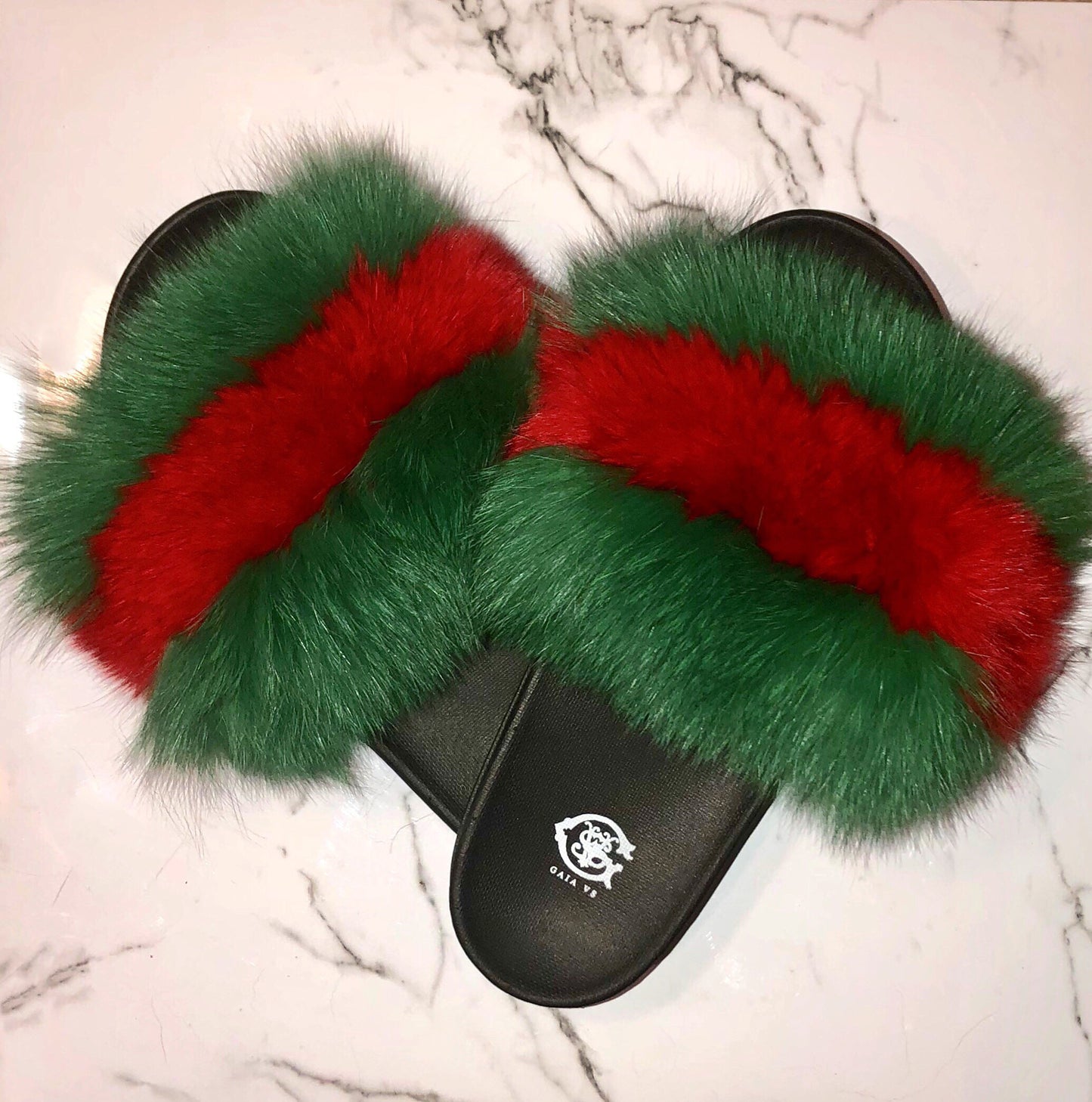 GG Royal Green Fox Fur Slides