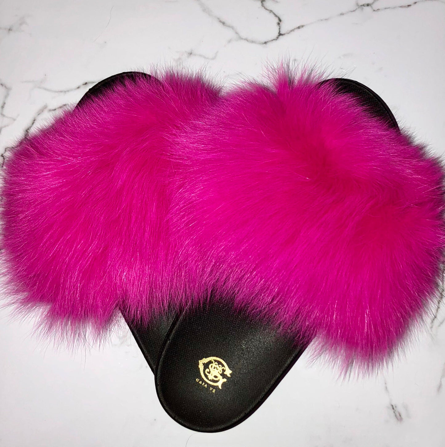 Fuscia Pink Fox Fur Slides