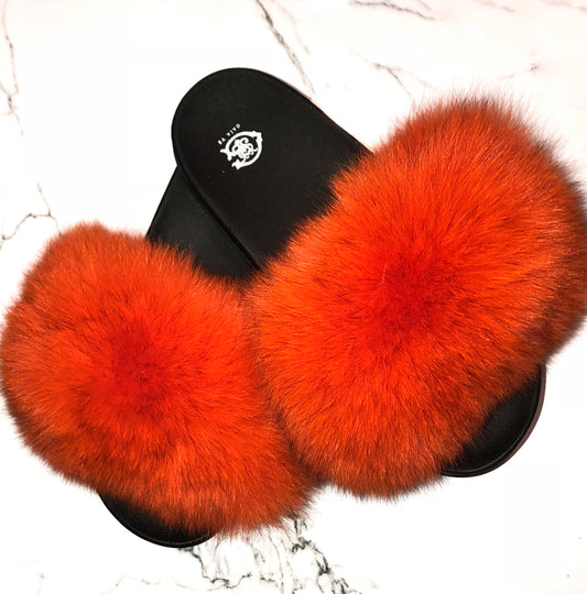 Orange Fox Fur Slides