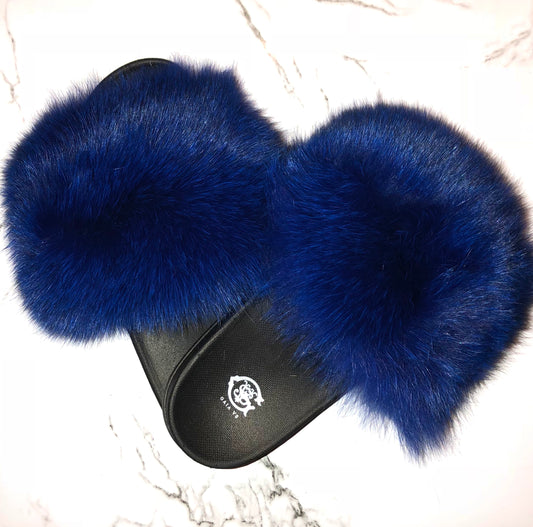 Royal Blue Fox Fur Slides