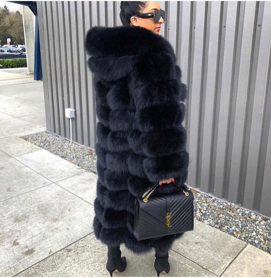 LUXE Long Fox Fur Hooded Coat