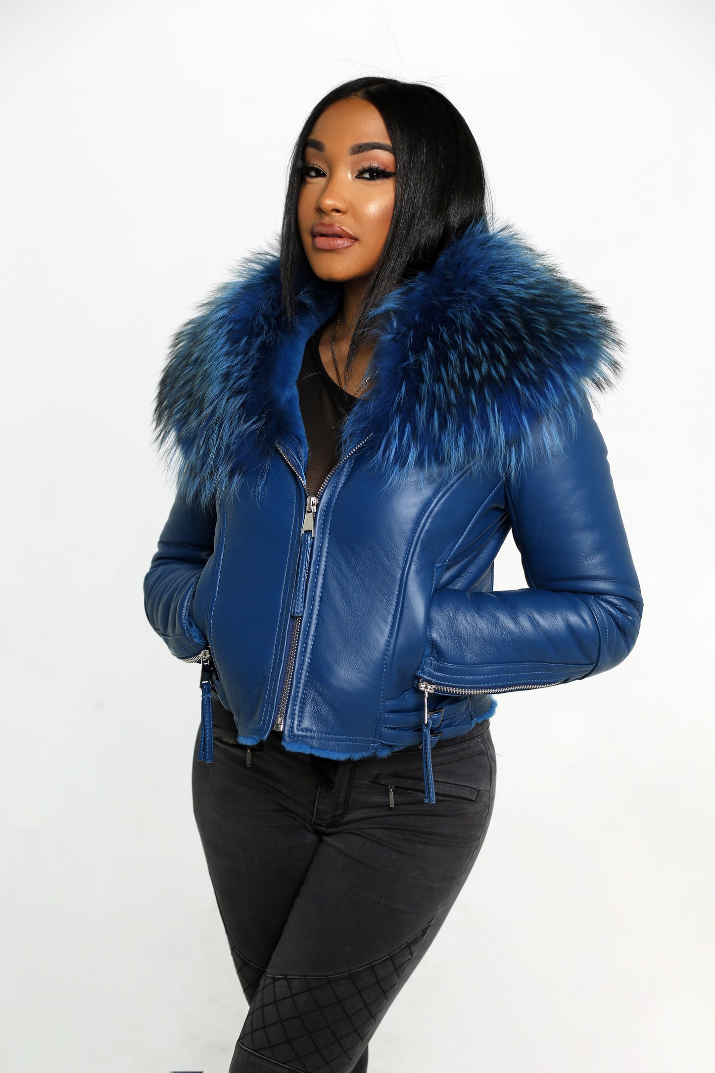 Shearling Leather Oversized Fox Fur Collar Jacket